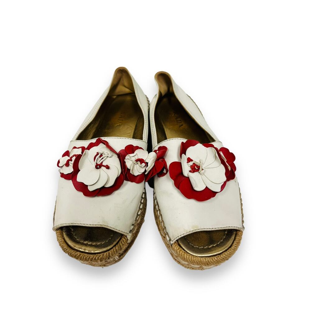 PRADA White Leather Floral Appliqued Peep Toe Platform Espadrilles Flats 38.5 - Picture 4 of 8